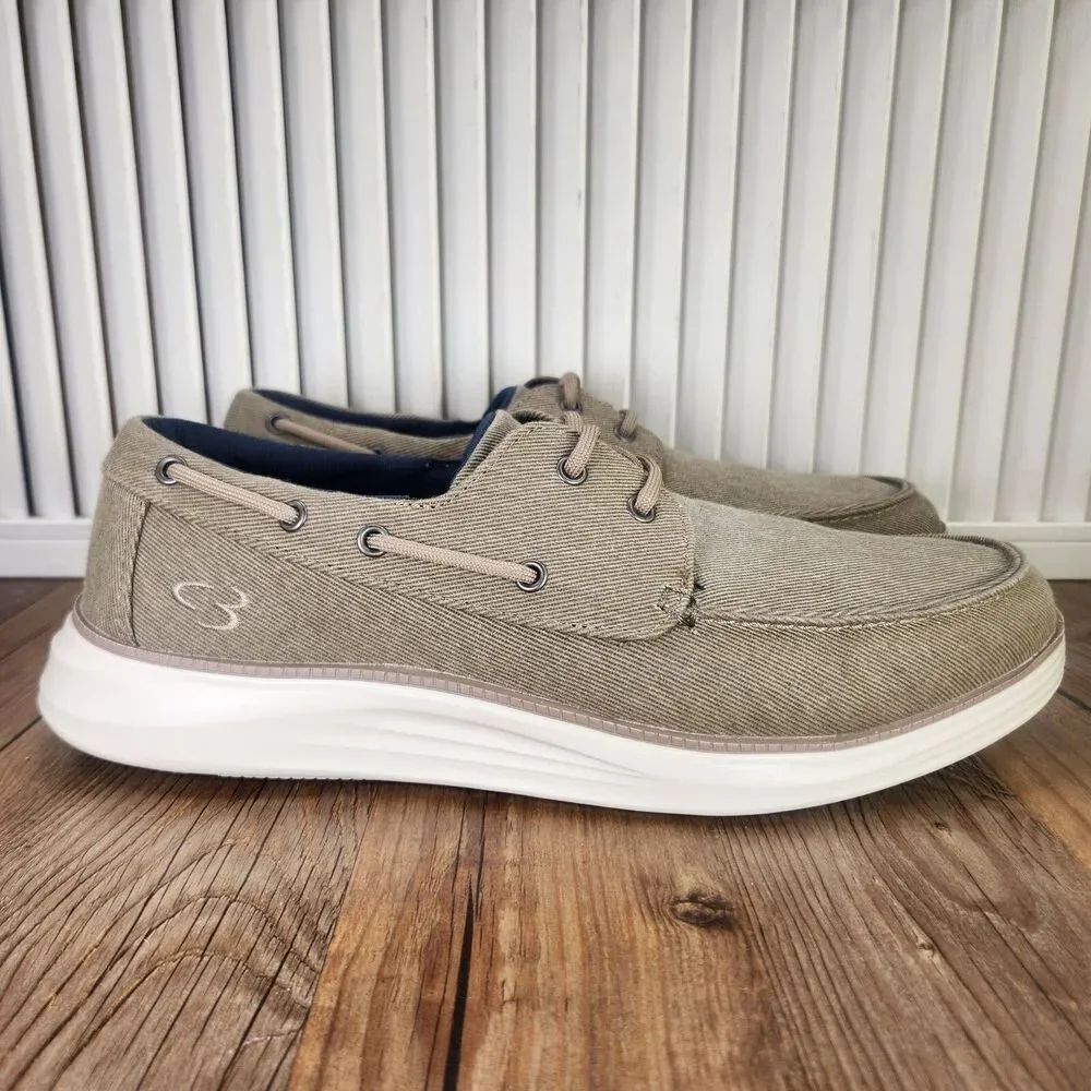 Skechers Concept 3 Men Sz 10.5 Khaki Canvas Memory Foam Casual Boat Shoes 244005
